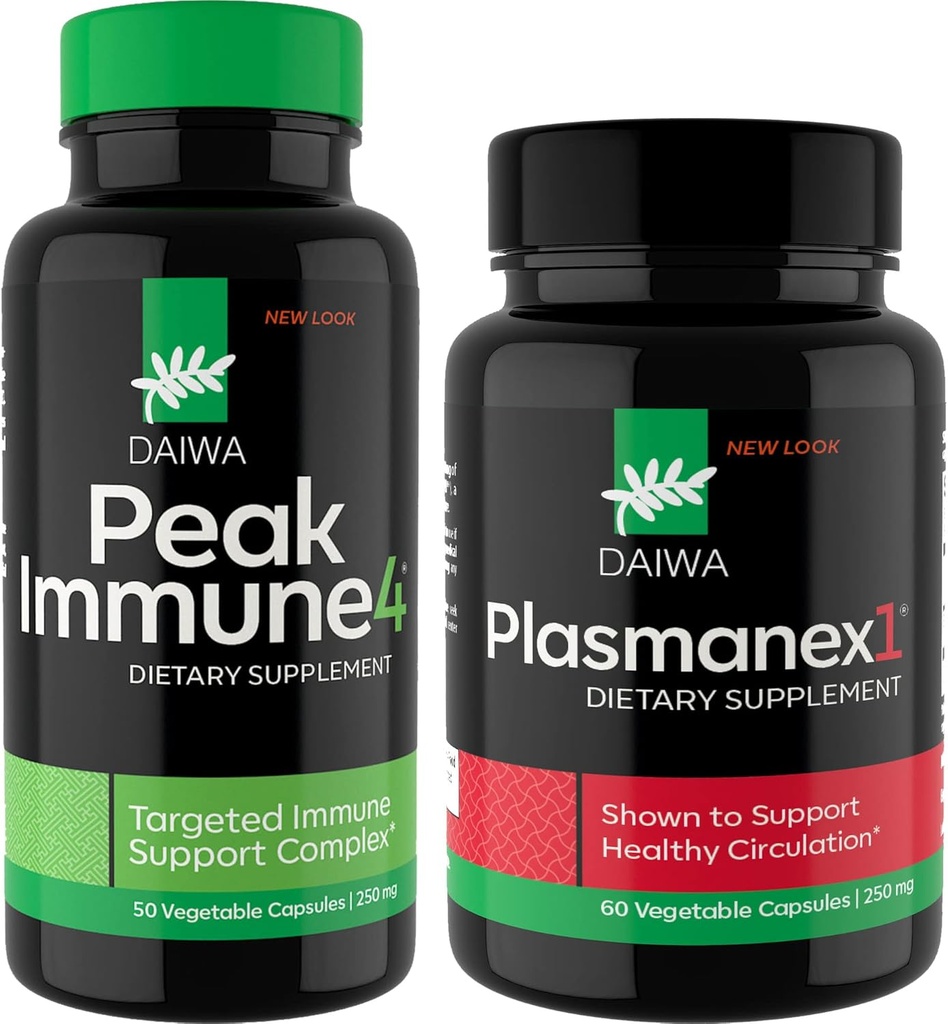 Daiwa Peak immun 4 - Naturligt immunsystem Booster + Daiwa Plasmanex 1 - Supplement til blodcirkulation
