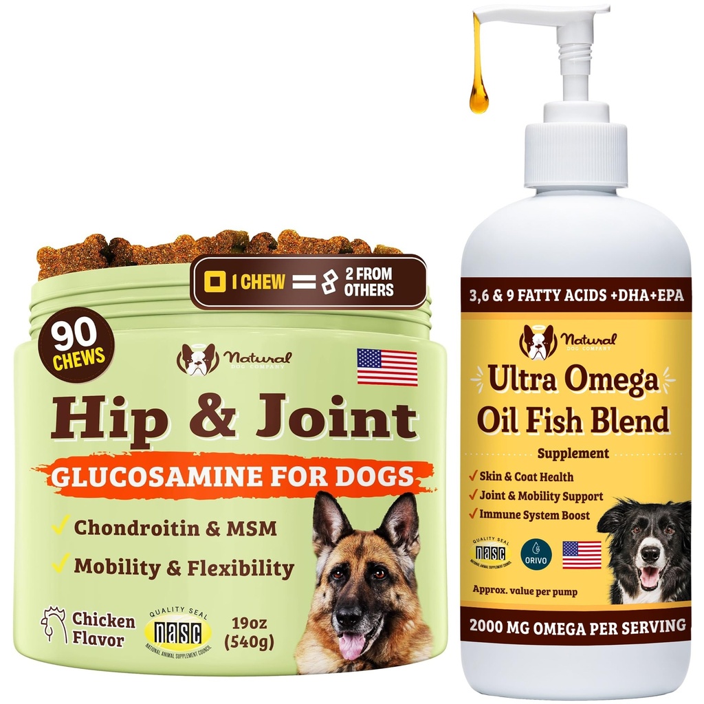 Natural Dog Company Canine Vitality Hund Vitamin og Kosttilskud Bundle, omfatter (1) Hip og fælles Chews Supplement- 90 stk cosequin til hunde, (1) Ultra Omega Fish Oil 16 Oz Omega 3 Fish Oil til hunde