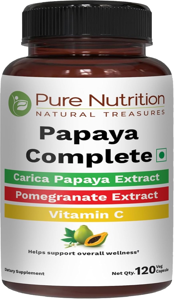 Pure Nutrition Papaya Komplet 124; 120 Caps Beeg 124; Carica Papaya Leaf Uddrag med jern, VIT C, VIT A & Folinsyre Beeg 124; Understøtter Platelet Immunitet & fordøjelse Non-GMO