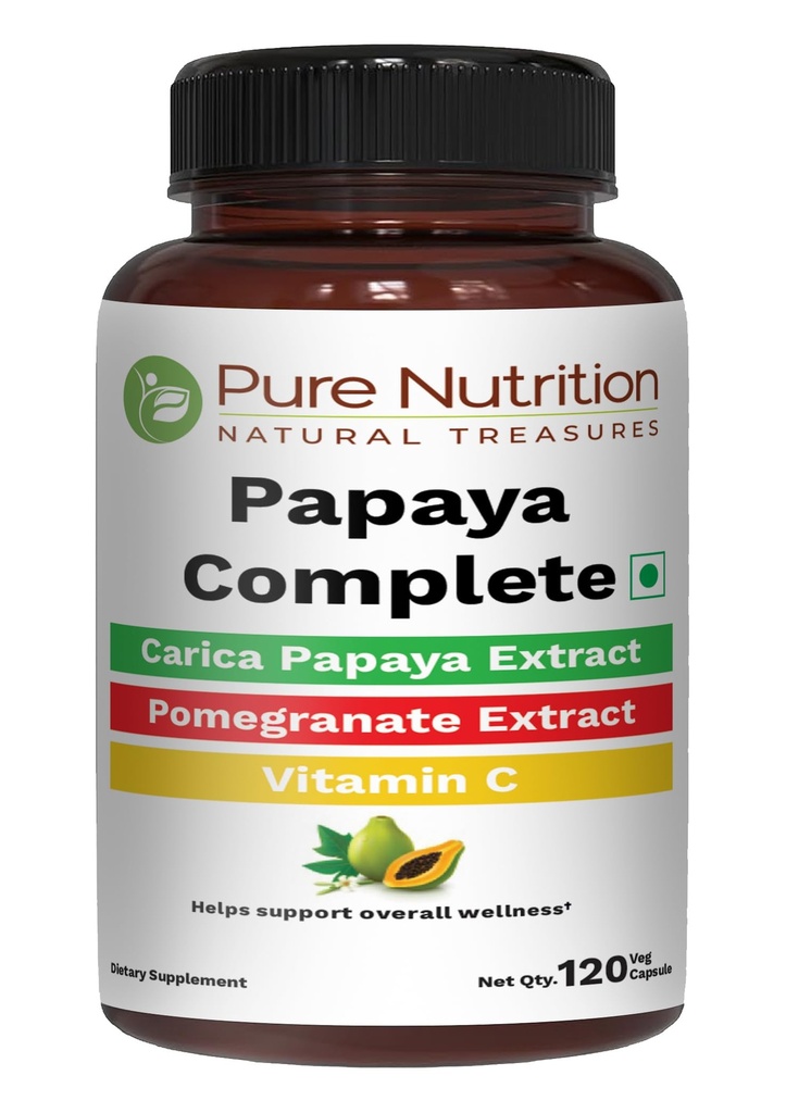 Pure Nutrition Papaya Komplet 124; 120 Caps Beeg 124; Carica Papaya Leaf Uddrag med jern, VIT C, VIT A & Folinsyre Beeg 124; Understøtter Platelet Immunitet & fordøjelse Non-GMO