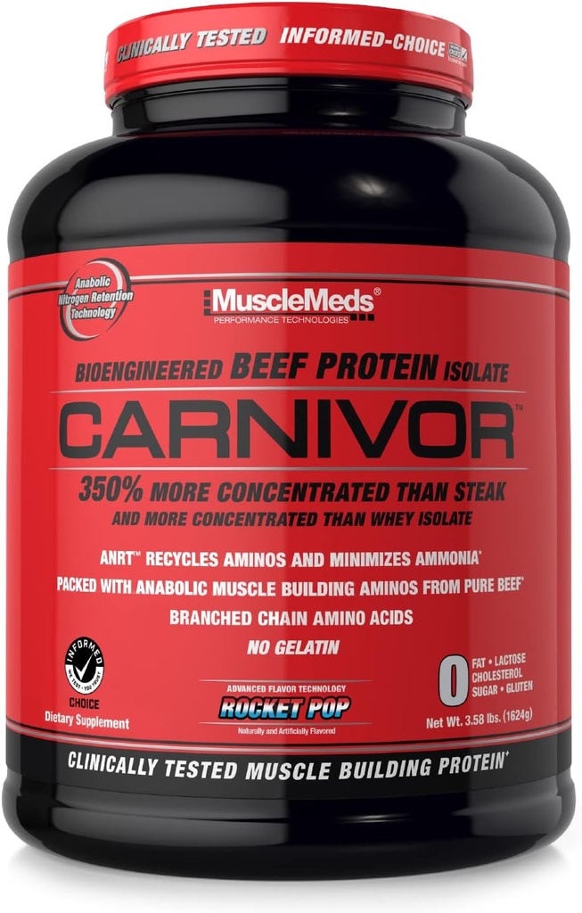 MuscleMeds CARNIVOR Beef Protein Isolate Powder, Muscle Building, Recovery, Lactose Free, Sugar Free, Fat, Free, 23g Protein, Rocket Pop, 56 Servere