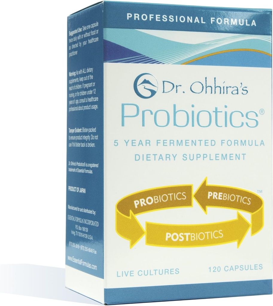 Dr. Ohhiras professionelle probiotika formel med 5 års gæret Prebiotika, Live Aktive Probiotika og det eneste produkt med Postbiotiske Metabolitter, 120 kapsler