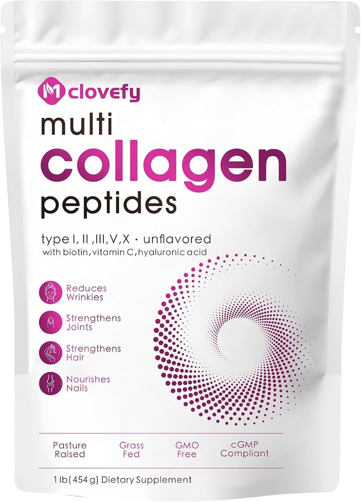 Multi Collagen Peptider Powder, 16 Oz (41 Servere) - Protein Supplement, Type I, II, III, V, X med Hyaluronsyre, C-vitamin og biotin, Unflavored, Nemt blandes i drikkevarer