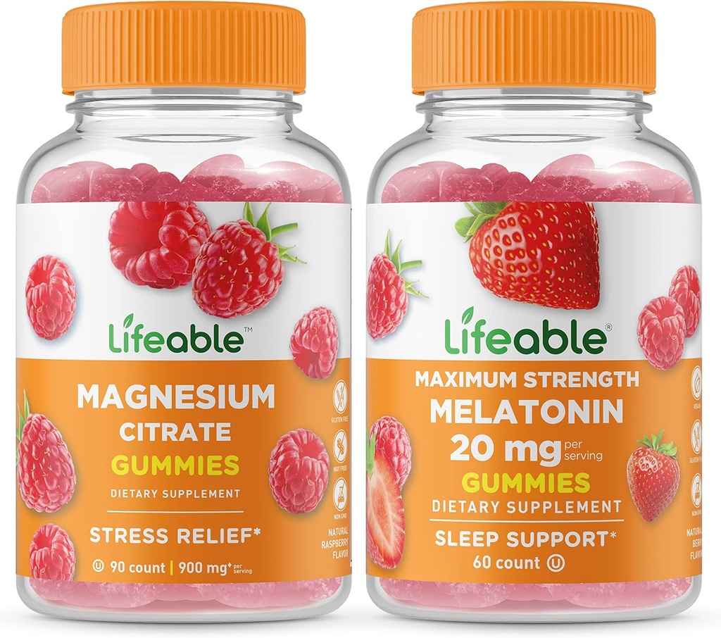 Lifeable Magnesium + Melatonin 20mg, Gummies Bundle - Great Tasting, Vitamin Supplement, Gluten fri, GMO fri, Chewable Gummy