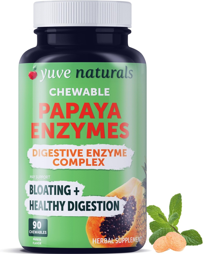 Yuve Natural Papaya fordøjelsesenzymer - Sugar- Free Chewable Candies - fremmer bedre fordøjelse - Forstoppelse & Bloating Aid, Detox, Leaky Gut Reparation & Gas Relief - Vegan, Non- GMO, Gluten- Free - 90ct