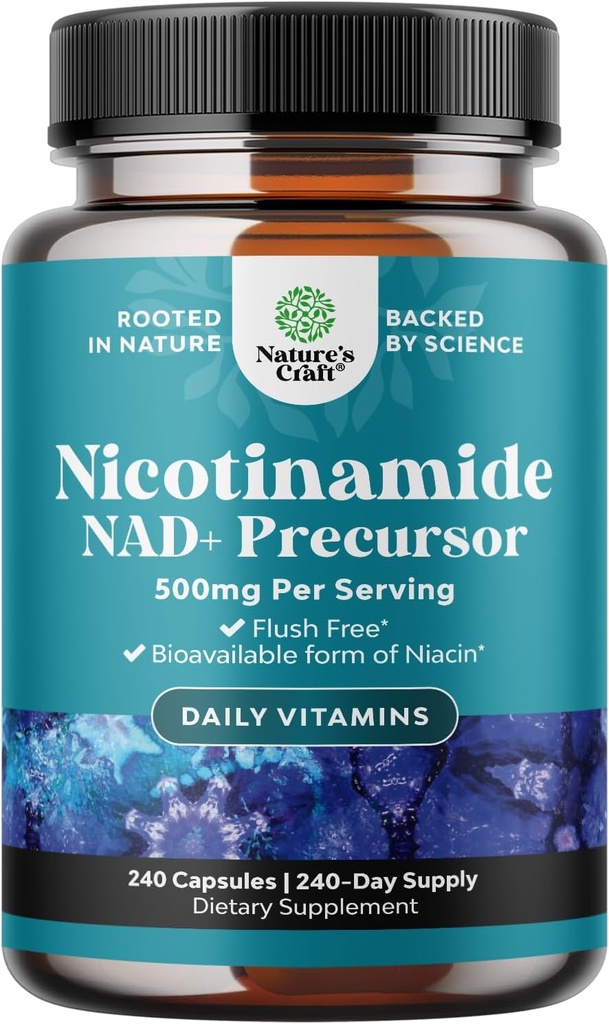 Vitamin B3 Niacinamid 500mg Kapsler - Mitokondriel Energi og Potent Hudsupplement - AKA Vitamin B3 Niacin 500mg Flush Free og Nicotinamid 500mg - Flush Free Niacin Supplement - 240 Tæl