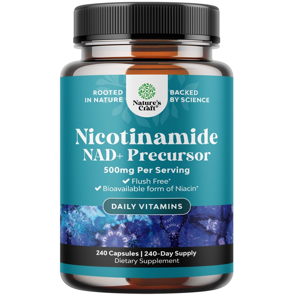 Vitamin B3 Niacinamid 500mg Kapsler - Mitokondriel Energi og Potent Hudsupplement - AKA Vitamin B3 Niacin 500mg Flush Free og Nicotinamid 500mg - Flush Free Niacin Supplement - 240 Tæl
