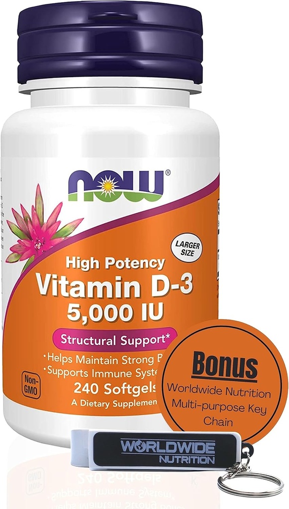 Worldwide Nutrition Nu Kosttilskud Vitamin D3 5000 IE Softgels - High Potency Formel for Structural Support D 240 Count Vitamin, Organic & Keychain