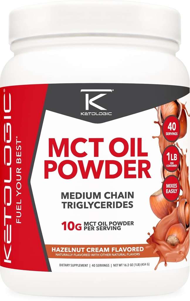 Ketologisk MCT Oil Powder Hasselnut Cream (1 LB) - Keto Coffee Creamer & Energy Support - 41 Servere af medium kæde triglycerider til Focus & Fuel