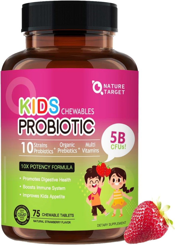 NATUR TARGET Kids Probiotiske Chewable, 5 Millioner CFU 'er Probiotika + Prebiotika til alderen 3 +, Probiotika til fordøjelsessygdomme, immunforsvar & Appetite Booster, Natural Strawberry Flavor, 75 Servering