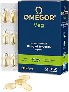 Vegan Omega 3 Supplement OMEGOR Veg - Alger Oil Omega 3 med 250 mg EPA og 125mg DHA med E-vitamin - Vegan Society og IFOS Certified (60 Caps)