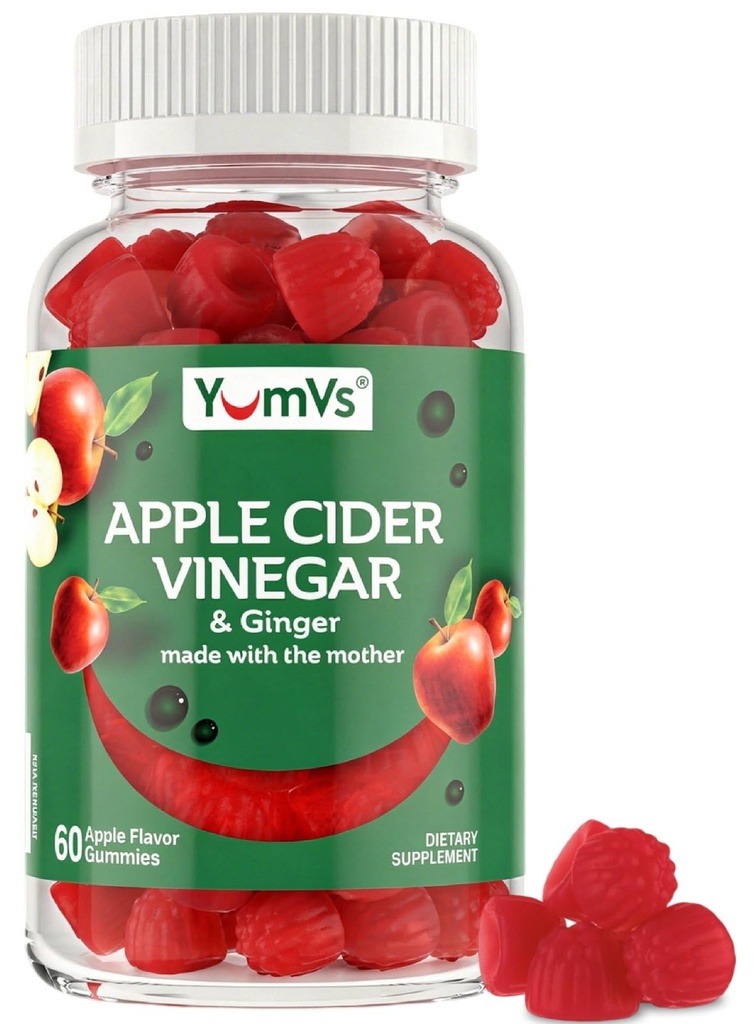 YUM- V 's Apple Cider Vinegummi - ACV Gummies med Ginger & The Mother - Understøtter stofskifte, Vitality & Daily Wellness - Natural Apple Flavor Vegan, Non- GMO, Gluten- Free, Cider Gummy - 60 Greve