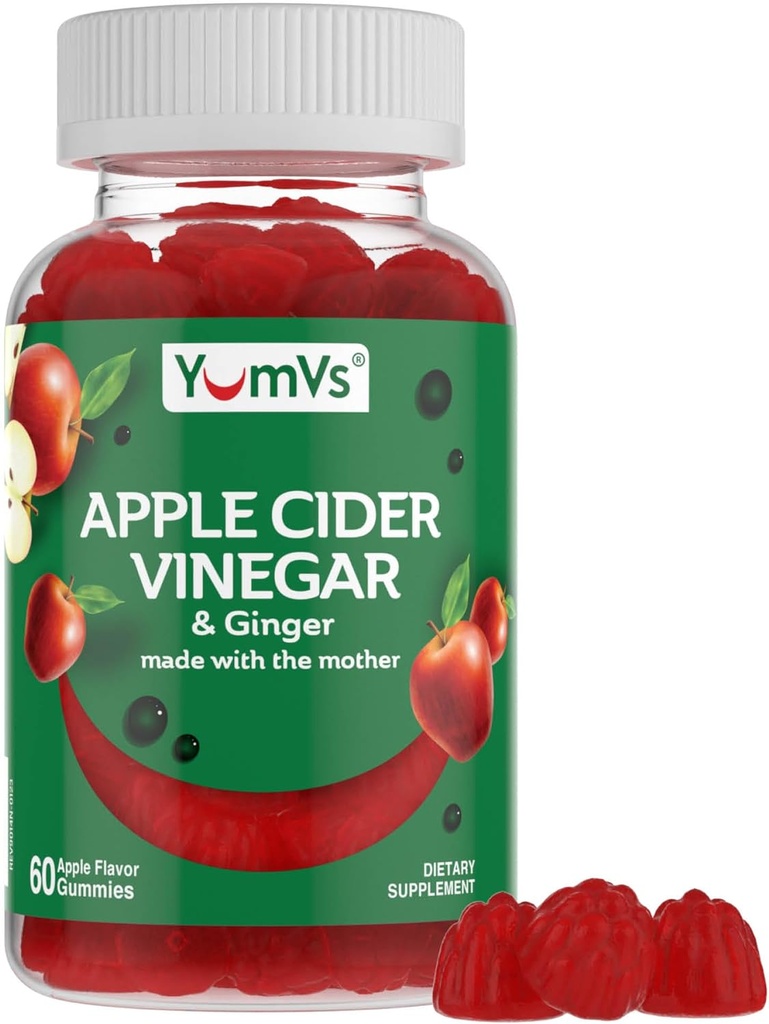 YUM- V 's Apple Cider Vinegummi - ACV Gummies med Ginger & The Mother - Understøtter stofskifte, Vitality & Daily Wellness - Natural Apple Flavor Vegan, Non- GMO, Gluten- Free, Cider Gummy - 60 Greve