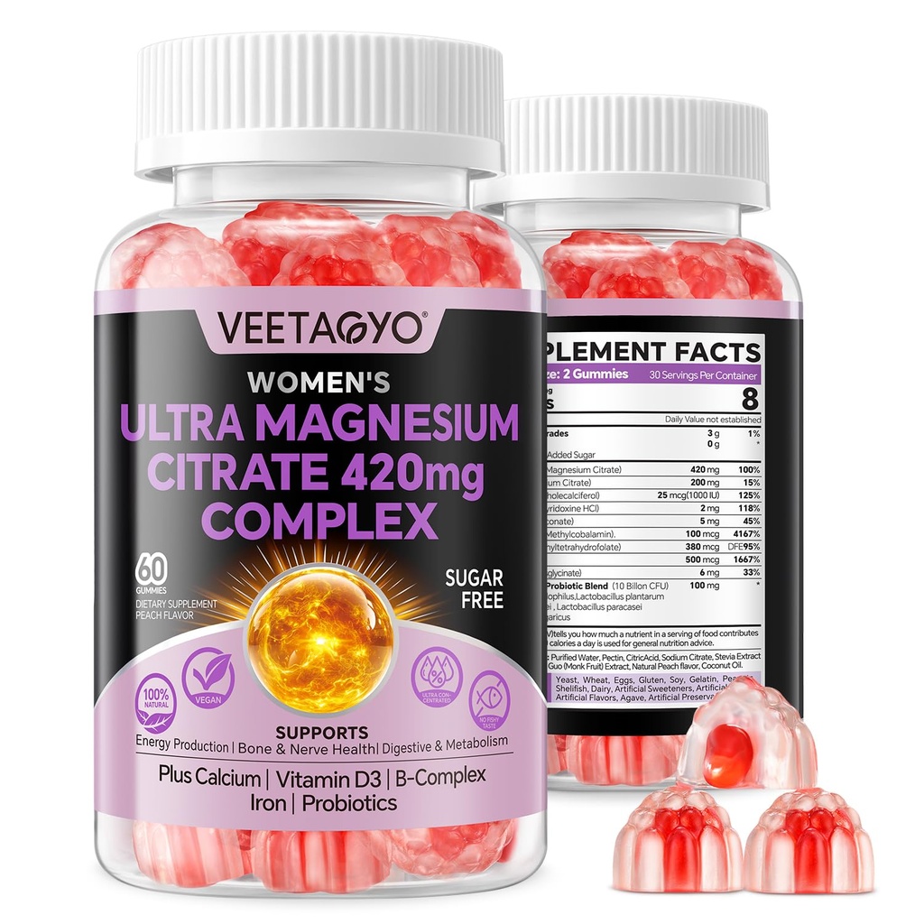 Magnesium Citrate Gummies 420mg for Voksen - Dual Layer - w / 10 Billion CFU - 5 Stammer Probiotika & Calcium, D3, Biotin, Jern, B6, B12, Folate, Support for Ben, Nerve, Afslapning, Muskel - Vegan 60Cts