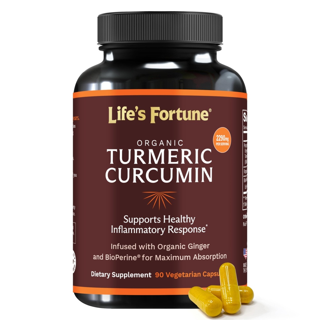 Livets Fortune Økologisk Gurkemeje med Sort Peber og Ingefær, Forbedret Absorption, Ekstra Strength Supplement, Fælles & Immunstøtte, Non- GMO, 90 Cap - 2250mg