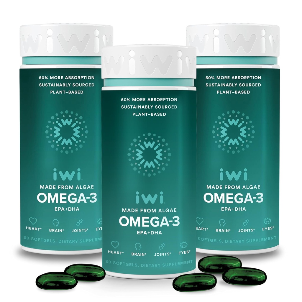 Iwi Omega-3, 90 Softgels (90 Servering), Vegan Plant- baseret Alger Omega 3 med EPA + DHA, Whole- Body Support Kosttilskud, Krill & Fish Oil Alternative, Ingen Fishy Eftersmag