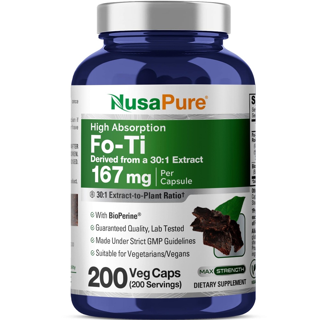 NusaPure Fo- Ti 30: 1 Extract, 167 mg Ækvivalent med 5000mg per Veg Caps, 200 Count, Non- GMO, Vegan, Bioperine