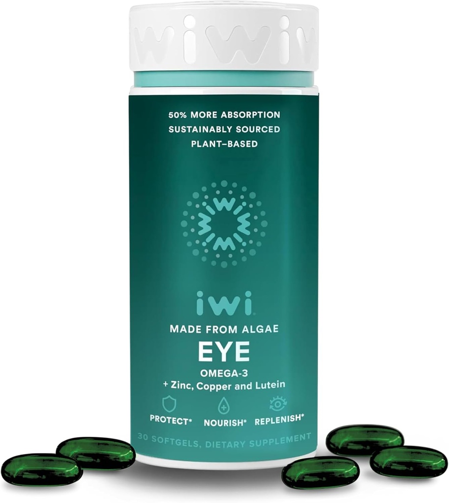 Iwi Life Eye Omega-3, 30 Softgels (30 Servering), Vegan Plant-Based Alger Omega 3 med EPA + DHA, Sund Øje & Vision Support Kosttilskud, Krill & Fish Oil Alternative, Ingen Fishy Eftersmag