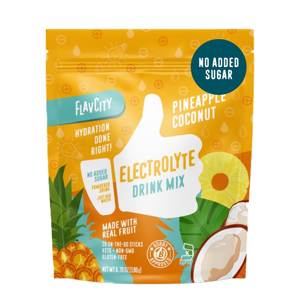 FlavCity Ananas Kokos Elektrolyter Powder Pakninger - 28 Hydration Pakninger - Ingen tilsat sukker - Hydrering Pulver med Real Fruit & Uraffineret Sea Salt - Keto & Gluten- Free (28 Stick Packs)