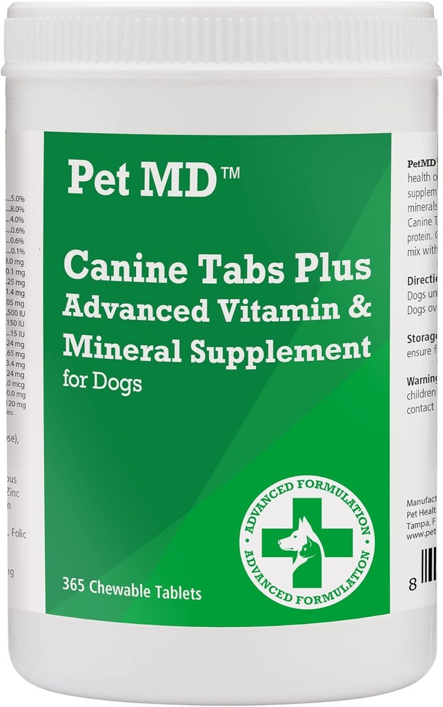 Pet MD - Canine Tabs Plus 365 Count - Avancerede multivitaminer til hunde - Natural Daily Vitamin og Mineral Nutritional Supplement - Lever aromatiserede tyggetabletter