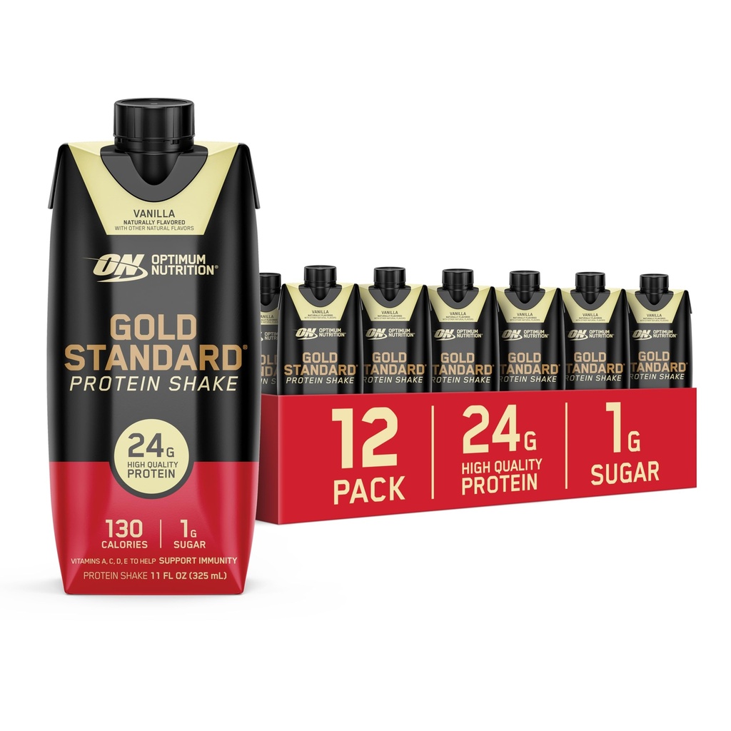 Optimum Nutrition Gold Standard Protein Shake, 24g Protein, Klar til at drikke Protein Shake, Gluten Free, C-vitamin til immunforsvar, Vanilla, 11 Fl Oz, 12 Greve (Packaging of 1) (Packaging May Vary)