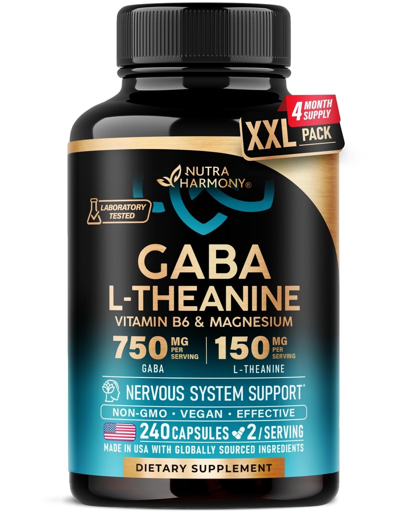 GABA L- Theanine 900 mg - Made in USA - Magnesiumstearat 124; vitamin B6 - Rolig, søvn, afslapning & Mood Support - 750 mg Gamma AminoButyric Acid, 150 mg L- Theanine - Non-Habit Danning, Vegan - 240 Kapsler