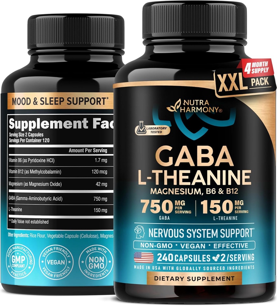 GABA L- Theanine 900 mg - Made in USA - Magnesiumstearat 124; vitamin B6 - Rolig, søvn, afslapning & Mood Support - 750 mg Gamma AminoButyric Acid, 150 mg L- Theanine - Non-Habit Danning, Vegan - 240 Kapsler