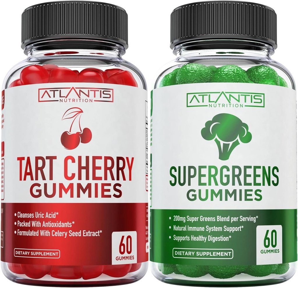 Atlantis Nutrition 60 Tart Cherry Gummies + 60 Supergreens Gummies.