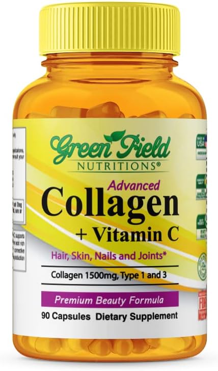 Greenfield Nutritions - Halal Collagen Peptider 1500 mg Type I & III, med vitamin C 300 mg for bedre Absorption, Halal Anti- Age Formel for hårnegle & Joints, Halal Vitamin 90 Kapsler