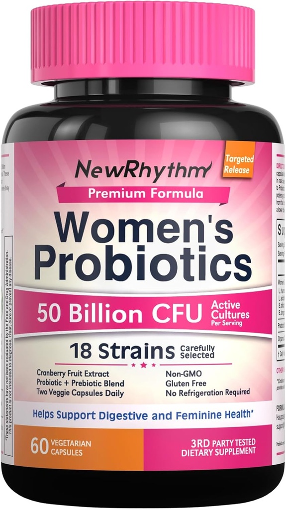 NewRhythm Kvinder Probiotika, Organic Cranberry for Women 's Vaginal Health, 50 Millioner CFU 18 Strops, Probiotika og Prebiotika, Support fordøjelse, 60 Veganske Kapsler