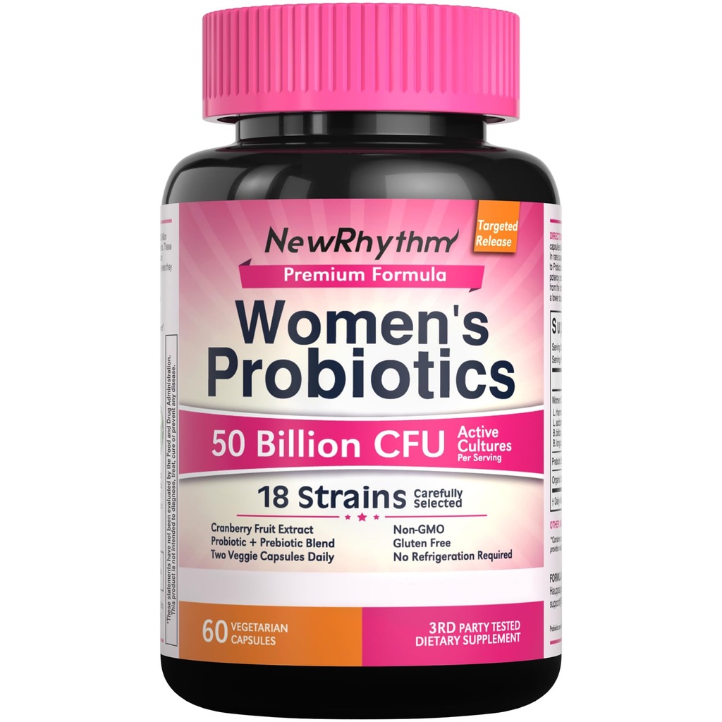 NewRhythm Kvinder Probiotika, Organic Cranberry for Women 's Vaginal Health, 50 Millioner CFU 18 Strops, Probiotika og Prebiotika, Support fordøjelse, 60 Veganske Kapsler