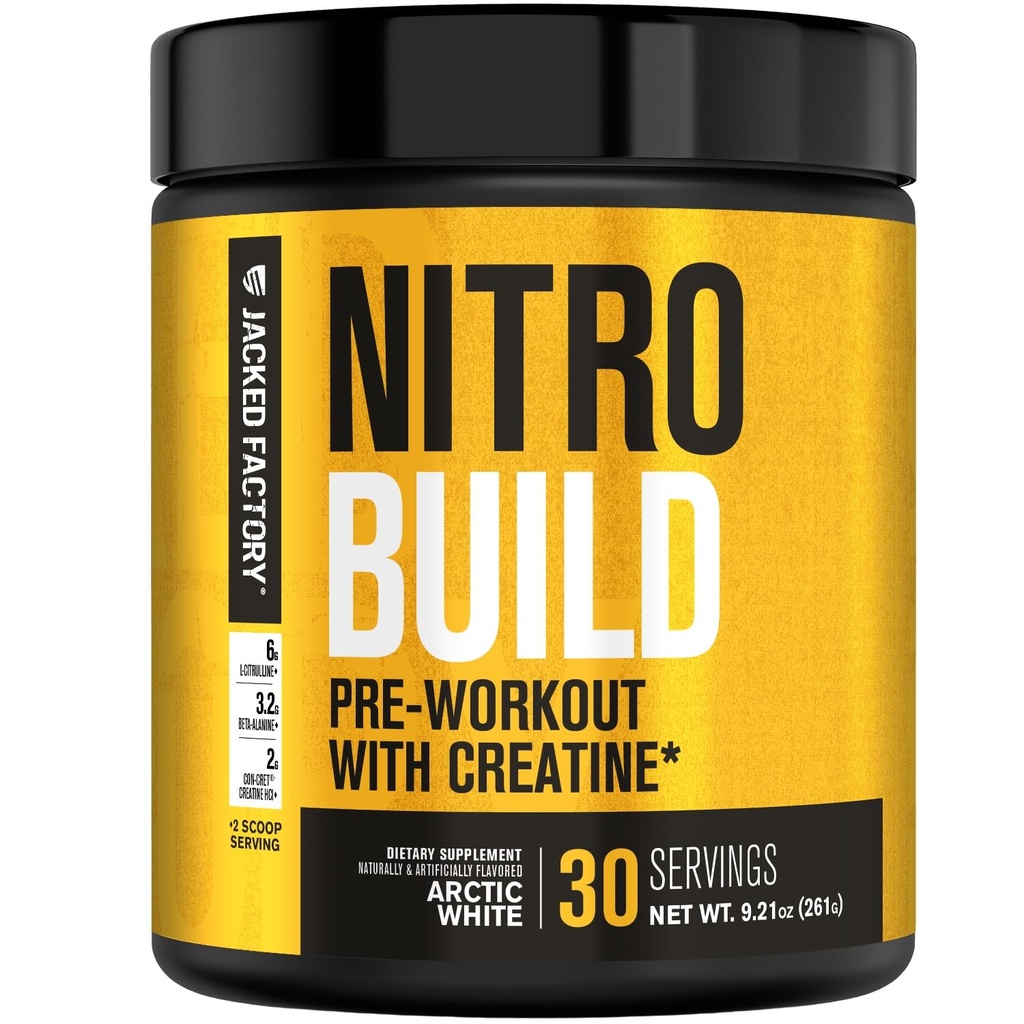 Jacked Factory Nitrovolume Build Pre Workout med Creatin for Muscle Building - Con Cret Creatin Powder & ElevatP for Intense Energy, Kraftfulde Pumper, & Endeløs Endurance - 30 Servering, Arctic White