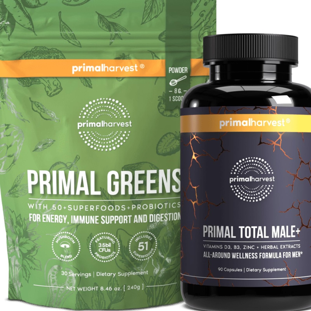 Primal Høst Primal alt Mand + & Primal Grønne Mænd Multivitamin og Nutritional Supplement med Ginseng, Vitaminer D og B, zink, probiotika og mere, Gluten og Dairy Free