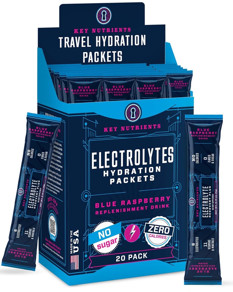 KEY NETRIENSER Electrolytes Powder Packets 20 Pack - No Sugar, Delicious Blue Raspberry, Hydration Packets med Electrolyte Powder til genopfriskning Electrolyte Drink Mix Packets - Zero Calories