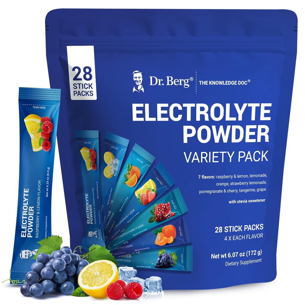 Dr. Berg Sugar Free Electrolyte Powder Packets (Variety Pack) - Daily Electrolyte Drink Mix - 28 Total Hydration Pouches Sugar Free - Keto Electrolytes Powder Packets No Sugar - 7 Lækre Aromaer