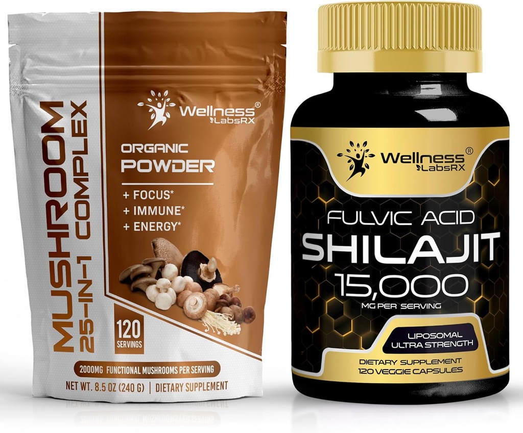 WELLENess LASSRX Mushroom Powder 2000mg - Shilajit Pure Himalayan 15,000mg Kapsler