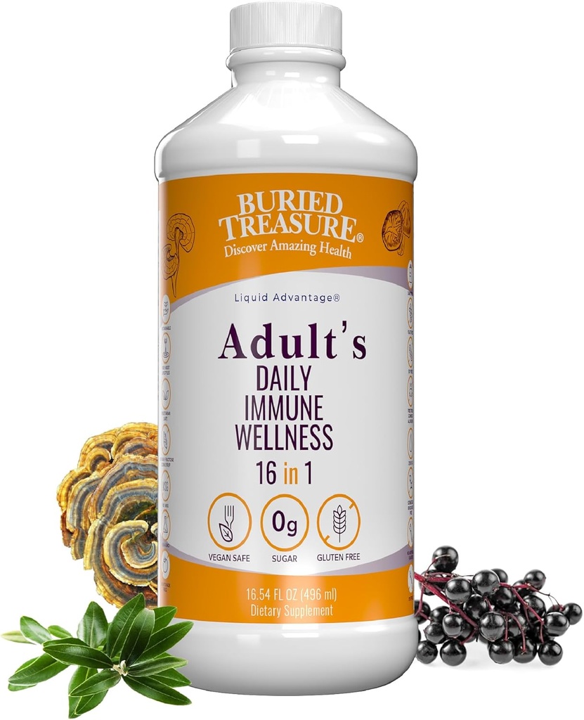 Begravet Treasure Voksen Daglig Immunitet Wellness - 16 Fl oz, 16 serv, Flydende næringsstof Blend til immunforsvar med Elderberry, Echinacea, Vitamin & mere