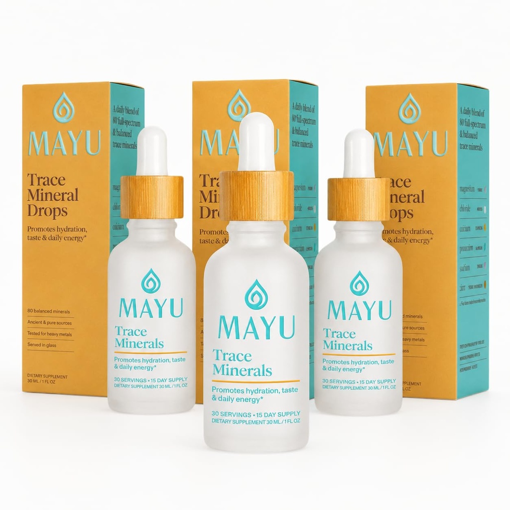 MAYU Koncentreret Ionic Trace Mineral Drops - Rich Concentrate Electrolytes: Magnesium Chlorid Natriumtilskud - Essential Blend Drop for immunforsvar - Nutrient- Packed Alkaline Water - 3 Pack