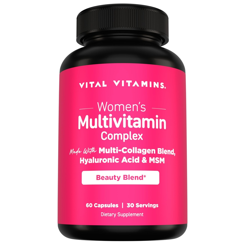 Vital Vitaminer kvinders Multivitamin Complex - Lavet med Multi- Collagen Blend, Hyaluronsyre, & MSM - Skønhed Multivitaminer - med vitamin A, C, E, B6, B12, D3-60 kapsler