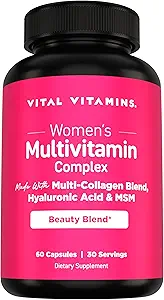 Vital Vitaminer kvinders Multivitamin Complex - Lavet med Multi- Collagen Blend, Hyaluronsyre, & MSM - Skønhed Multivitaminer - med vitamin A, C, E, B6, B12, D3-60 kapsler
