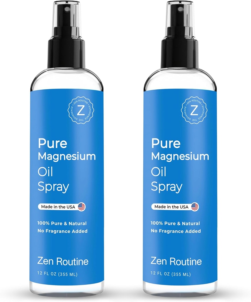 Pure Magnesium Oil Spray 12oz (2 Pack) - Organic USP Grade Magnesium Spray, Topisk Magnesium Glycinat, Magnesium Oil for Feet, Krop, Muscles & Leg kramper - Made in USA