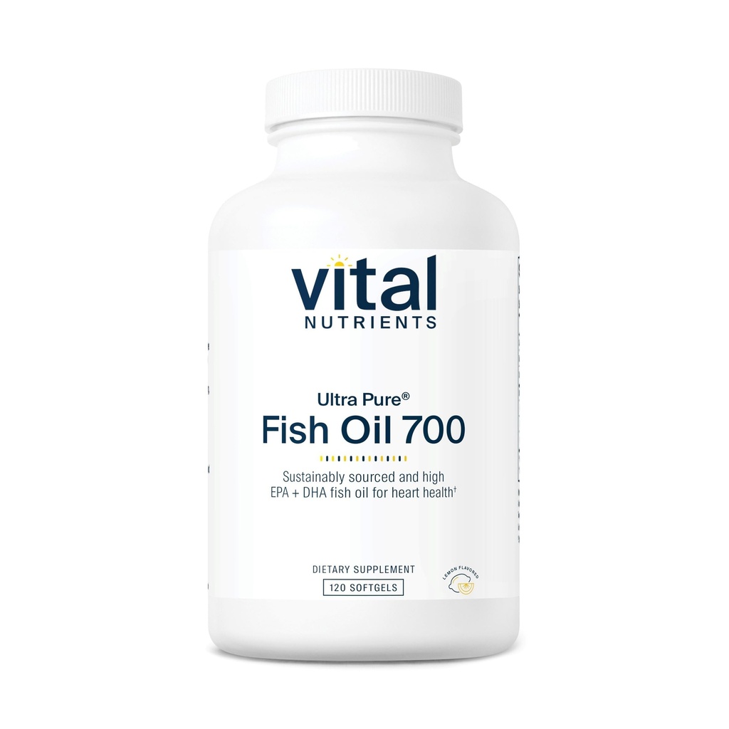 Vital Nutrients Ultra Pure ® Fish Oil 700 Buddy; Understøtter hjerte, hjerne og fælles sundhed * Buddy 124; Sustainable Sourced High EPA & DHA Omega-3 Fedtsyre124; Lemon Flavor 124; Gluten, Dairy & Soy Free Buddy 124; 120 Softgels
