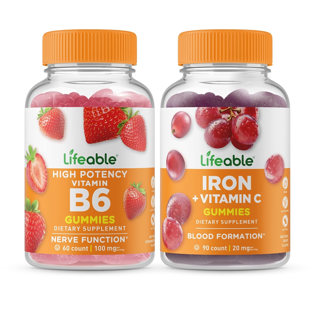 Lifeable Vitamin B6 + Jern med C-vitamin, Gummies Bundle - Great Tasting, Vitamin Supplement, Gluten Free, GMO Free, Chewable