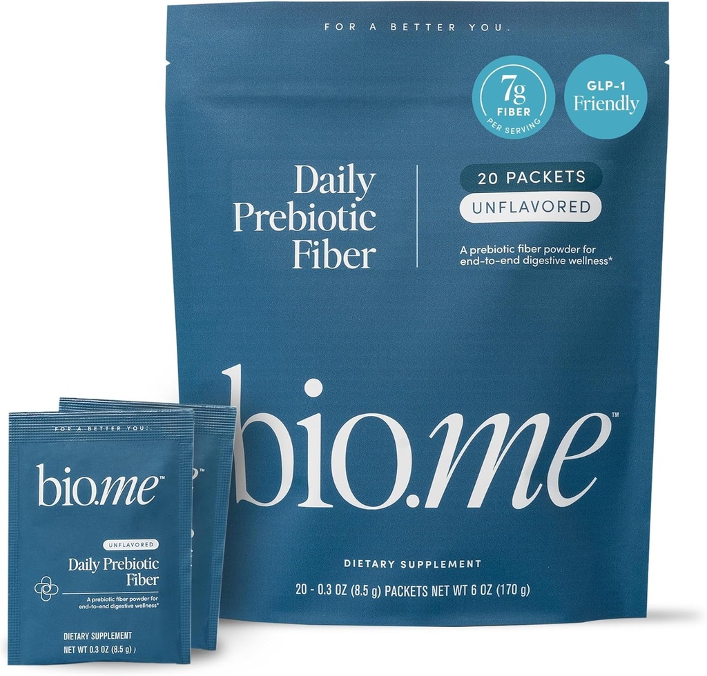 Bio.me Daily Prebiotic Fiber Powder Unflavored - 20 Rejsepakker, 7g Per Serving - Opløselig & Uopløselig Fiber Supplement for kvinder & mænd - fordøjelig sundhed & tandkød - GLP-1 Friendly, Sugar Free