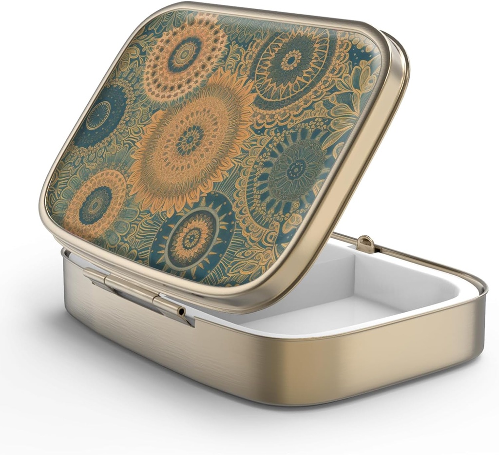 Pill Case Pill Box med spejl Retro 2 Segment Lille Pill Case til purse eller Pocket Bronze Rektangulær Pill Box eller Vitaminer, Fiskeolie, Kosttilskud, Pill Containe Travel Gaver Retro Mandala