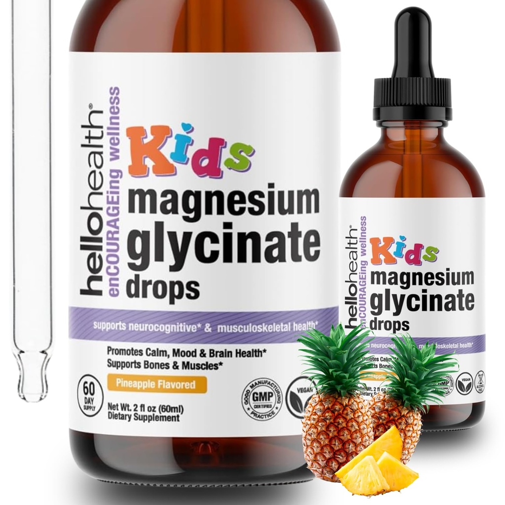 Kids Magnesium Glycinate Liquid Drops - Sugar Free Liquid Magnesium Drops, Happy Calming for Kids Calming Supplement Complex - Magnesium til børn og nattesøvn, Ananas Flavor 2 Fl Oz.