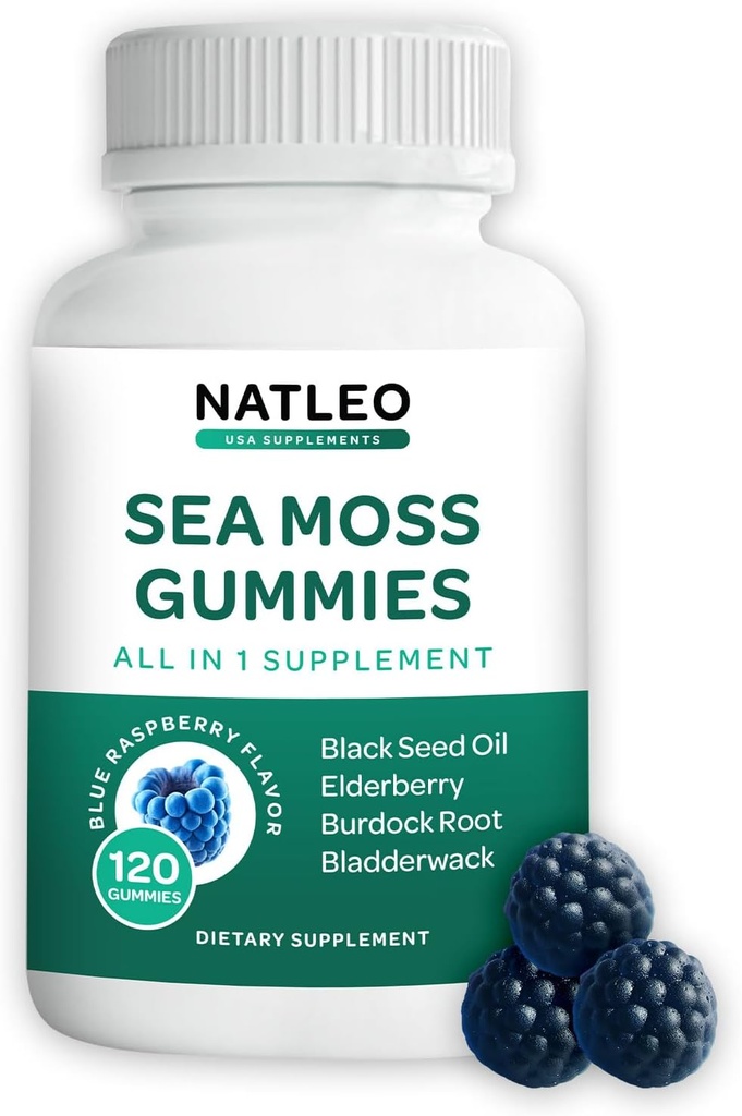 NATLEO USA Sea Moss Gummies med Elderberry, Black Seed Oil & Burdock Root - Vegan, Glutenfri, Non- GMO, 1750mg - Understøtter Daily Wellness - Made in USA (120 Count)