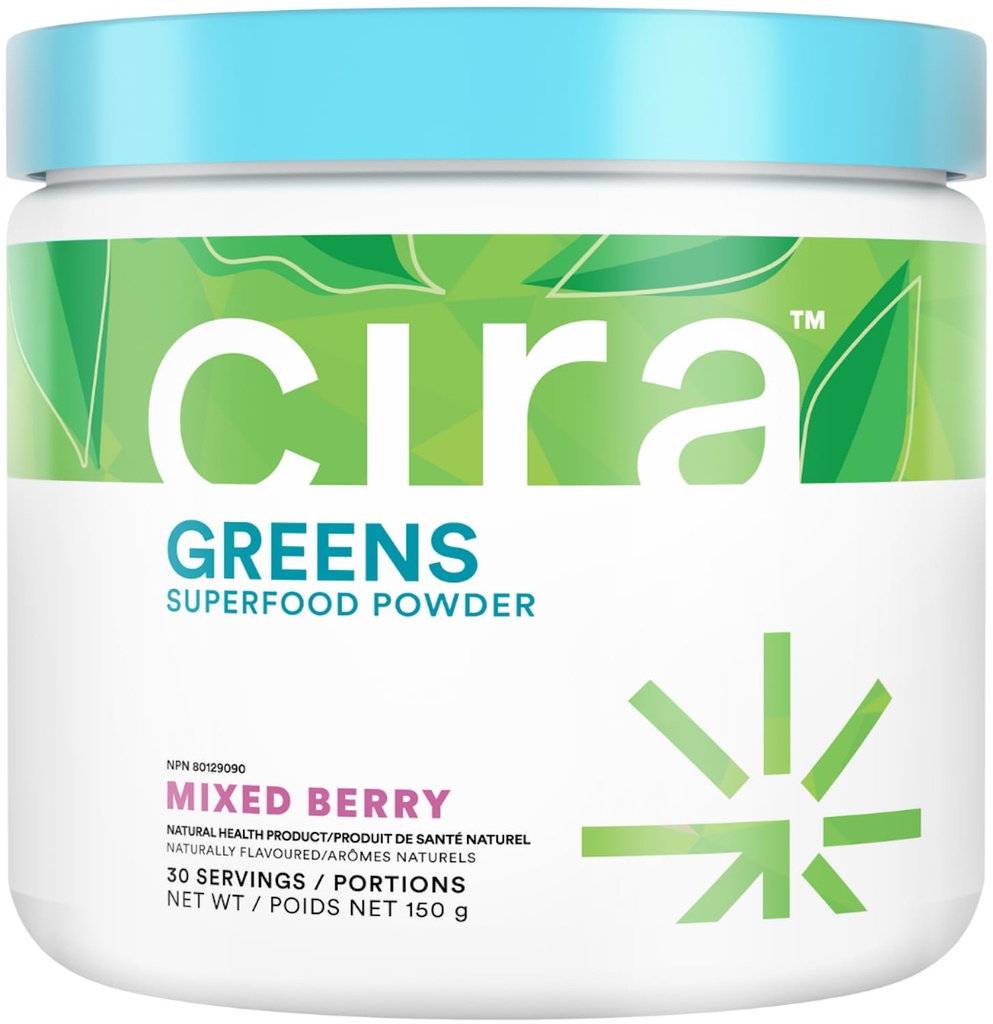 Cira Daily Green - naturligt sødet, Økologisk Spirulina Superfood pulver med Premium, Antioxidant- Rich Ingredienser til afkøling, fordampning, & energi - blandet berry, 30 Servere