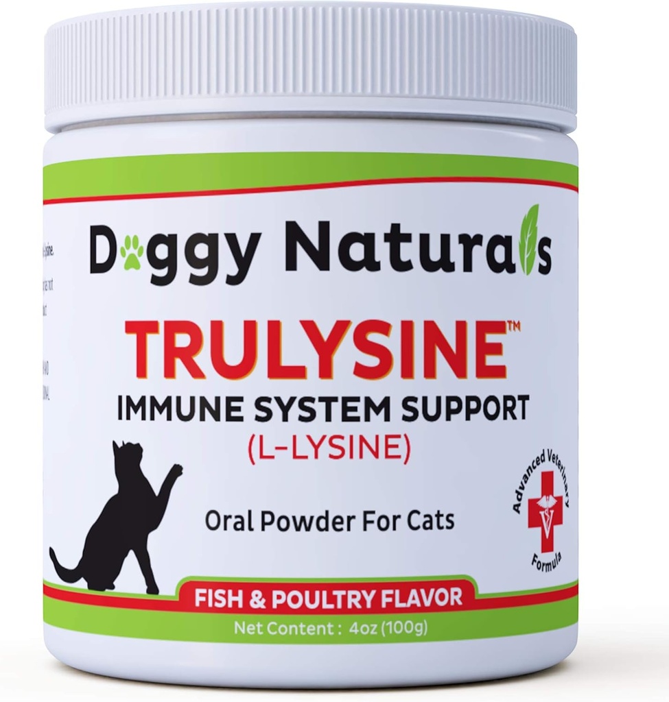 Trulysin L- Lysin til katte Immunstøtte Oral Powder 4oz / 100g - Katte & killinger i alle aldre, nysen, Runny Næse Squinting, Watery Eyes - Fish & Poultry Flavor (USA) (100 Bedste (500mg / Scoop))