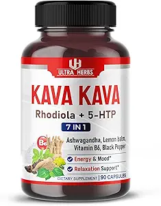 Kava Kava Kapsler Supplement - Formel Beriget med Ashwagandha, 5-HTP, Rhodiola, Lemon Balm, Support Mood, Calm & Relaxation